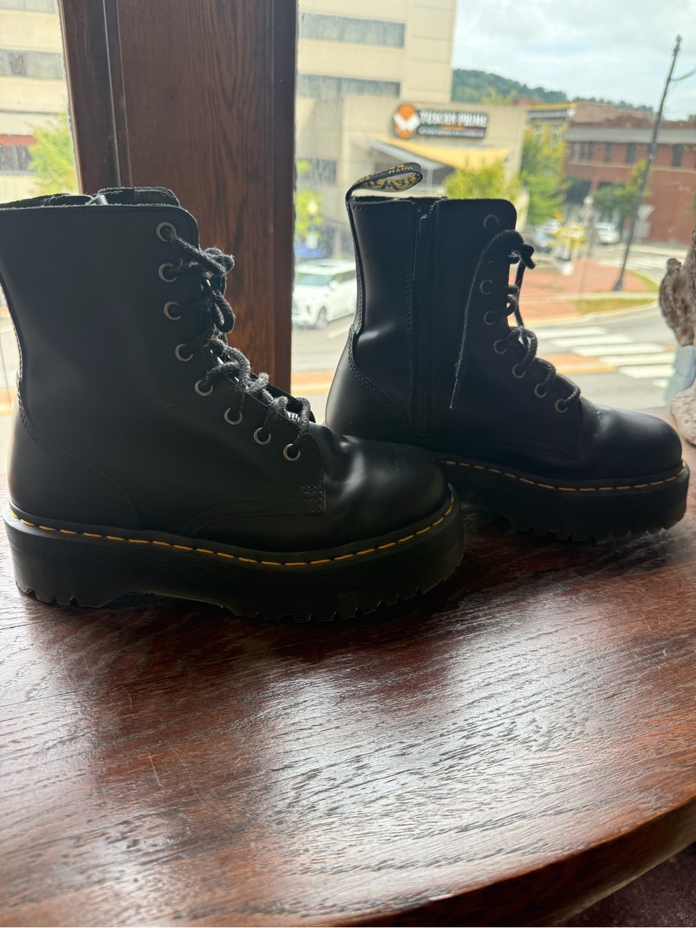 Dr. Martens Black Platform Lace-Up Boots with Yellow Stitching